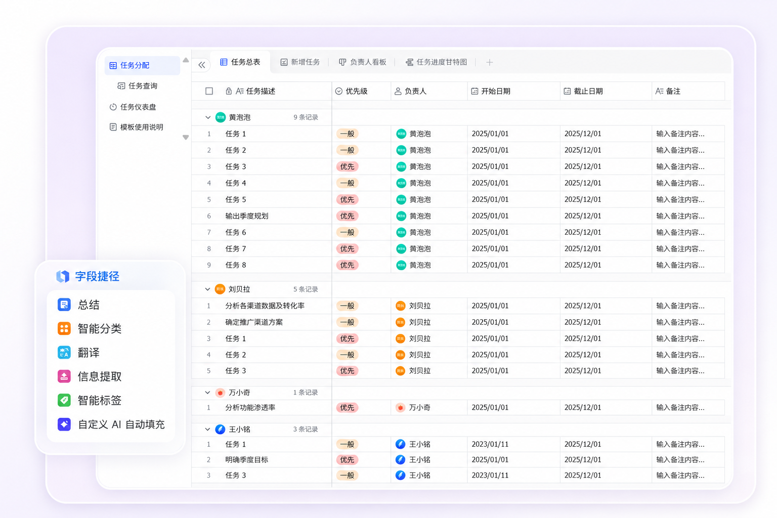 多维表格任务管理界面,包含顶部工具栏、任务、负责人、优先级和日期字段